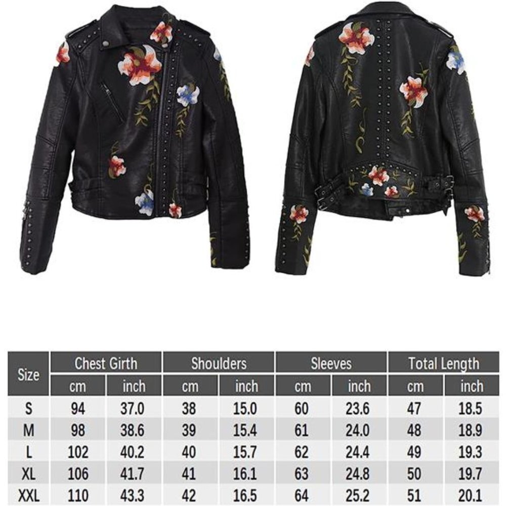 Black Floral Embroidered Studded Faux Leather Jacket Moto Bomber Jacket Coat - Picture 7 of 7